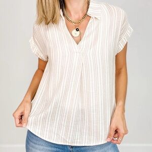 Women’s Beige Perch Striped Collared Pintuck Detail Cuff Sleeve Top Size 1X
